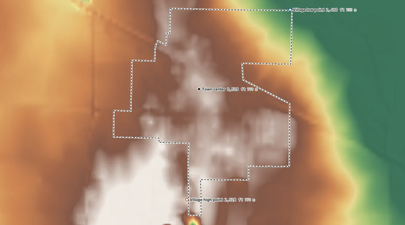 Topographic elevation map of Bertrand, Nebraska, shaded from 2,480 ft on the northeast side to 2,520 ft on the south side