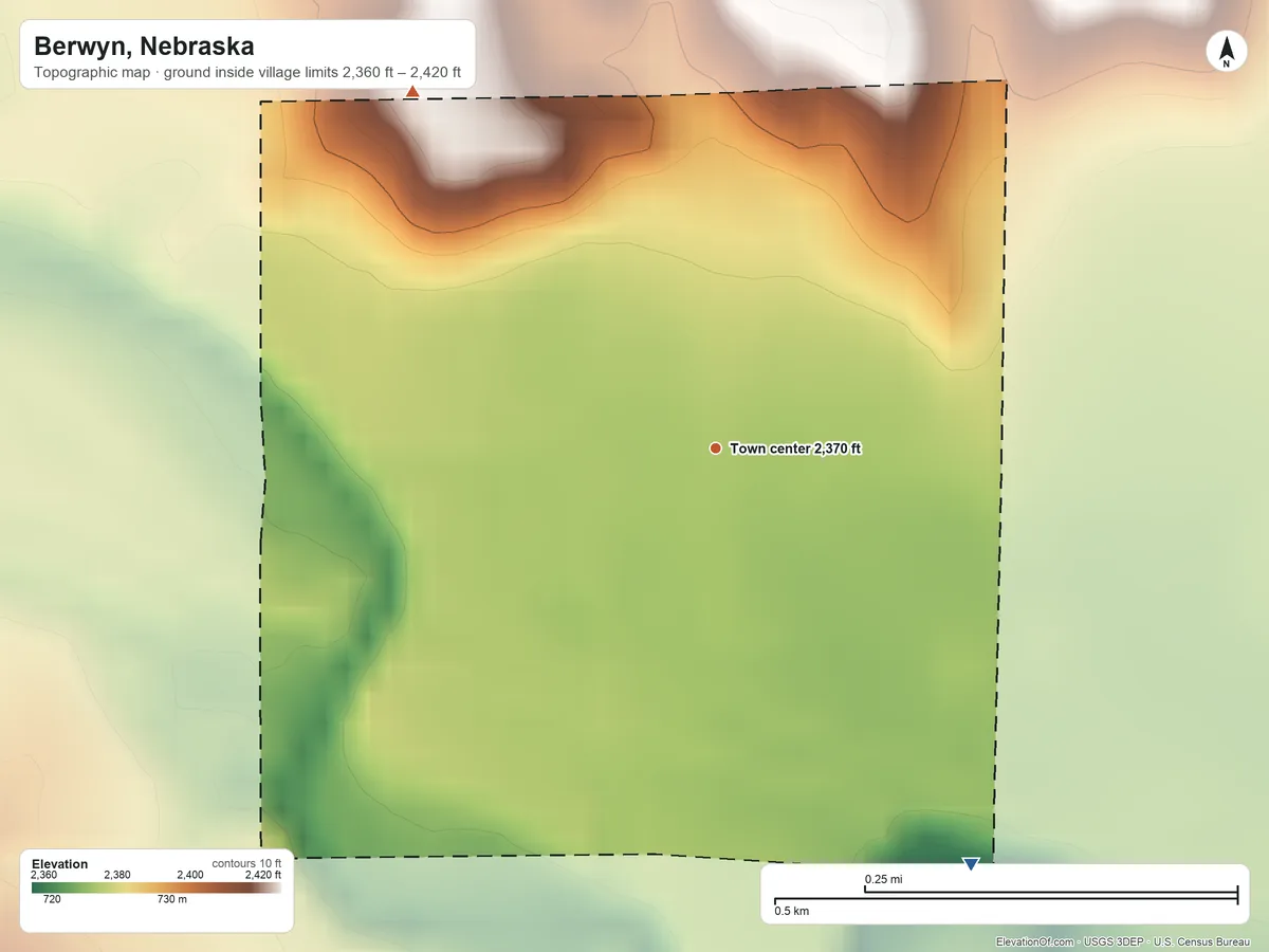 Topographic elevation map of Berwyn, Nebraska, shaded from 2,360 ft on the southeast side to 2,420 ft on the northwest side