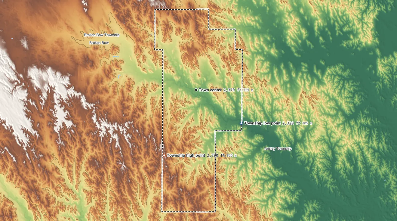 Topographic elevation map of Berwyn Township, Nebraska, shaded from 2,320 ft on the southeast side to 2,700 ft on the southwest side