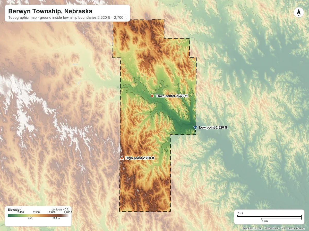 Topographic elevation map of Berwyn Township, Nebraska, shaded from 2,320 ft on the southeast side to 2,700 ft on the southwest side