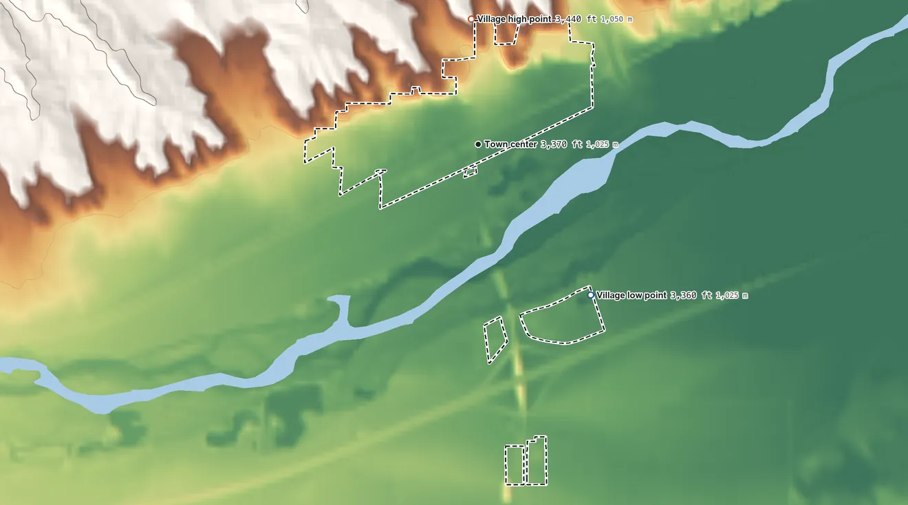Topographic elevation map of Big Springs, Nebraska, shaded from 3,360 ft on the southeast side to 3,440 ft on the north side