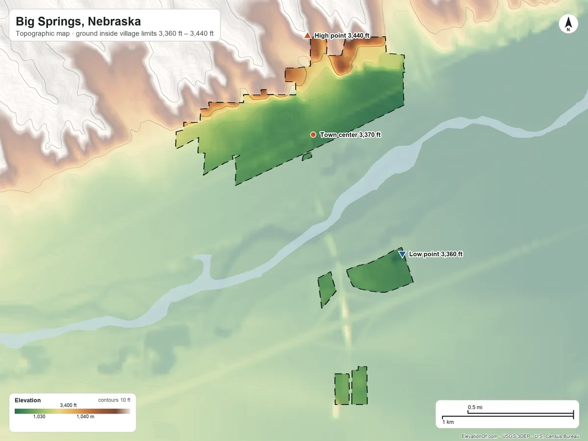 Topographic elevation map of Big Springs, Nebraska, shaded from 3,360 ft on the southeast side to 3,440 ft on the north side
