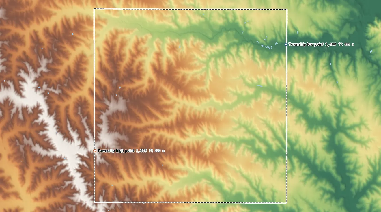 Topographic elevation map of Bismark Township, Cuming County, Nebraska, shaded from 1,400 ft on the northeast side to 1,690 ft on the west side
