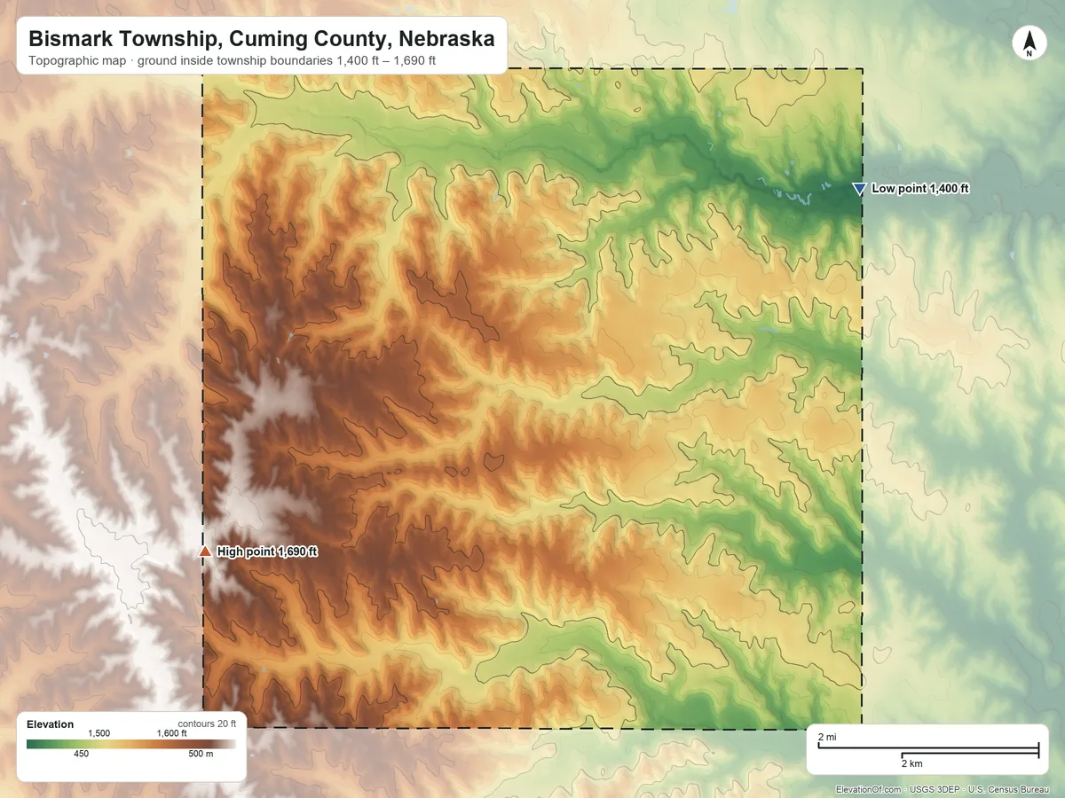 Topographic elevation map of Bismark Township, Cuming County, Nebraska, shaded from 1,400 ft on the northeast side to 1,690 ft on the west side