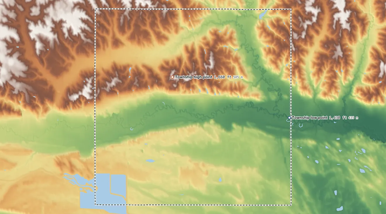 Topographic elevation map of Bismark Township, Nebraska, shaded from 1,430 ft on the east side to 1,660 ft on the north side