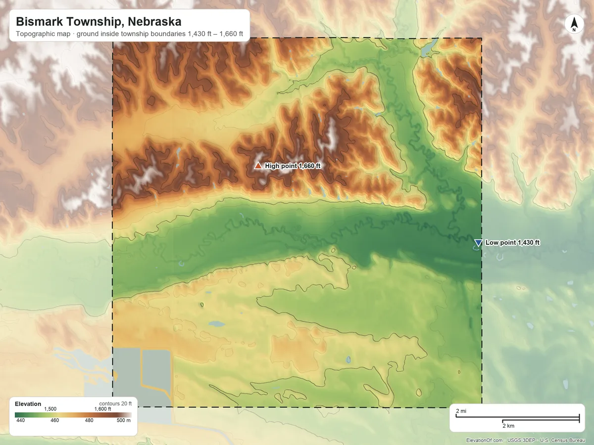 Topographic elevation map of Bismark Township, Nebraska, shaded from 1,430 ft on the east side to 1,660 ft on the north side