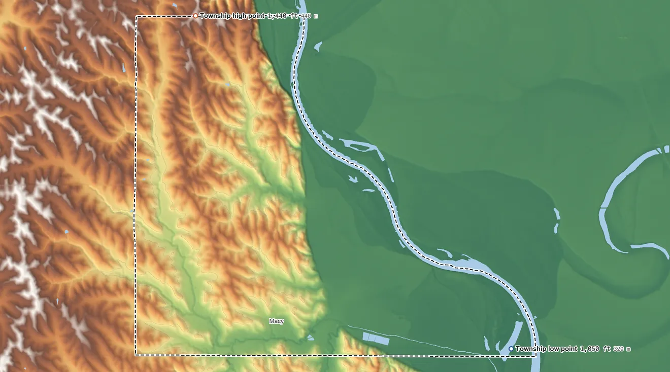 Topographic elevation map of Blackbird Township, Nebraska, shaded from 1,050 ft on the east side to 1,440 ft on the north side