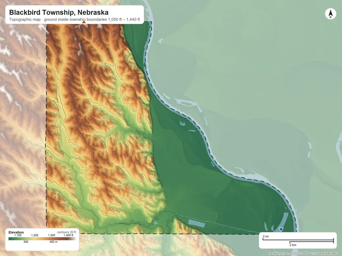 Topographic elevation map of Blackbird Township, Nebraska, shaded from 1,050 ft on the east side to 1,440 ft on the north side