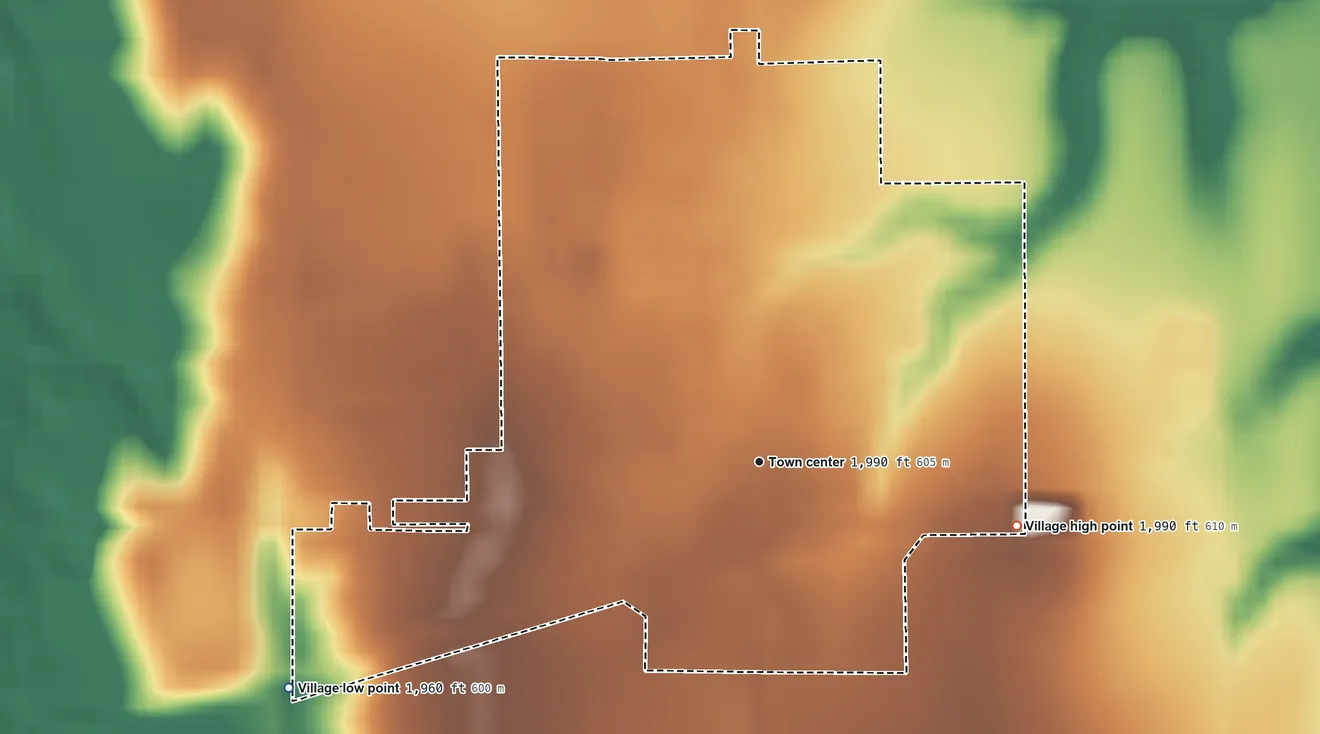 Topographic elevation map of Bladen, Nebraska, shaded from 1,960 ft on the southwest side to 1,990 ft on the east side