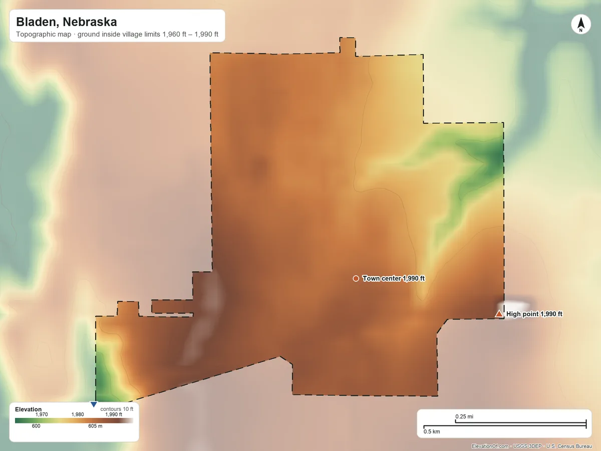 Topographic elevation map of Bladen, Nebraska, shaded from 1,960 ft on the southwest side to 1,990 ft on the east side