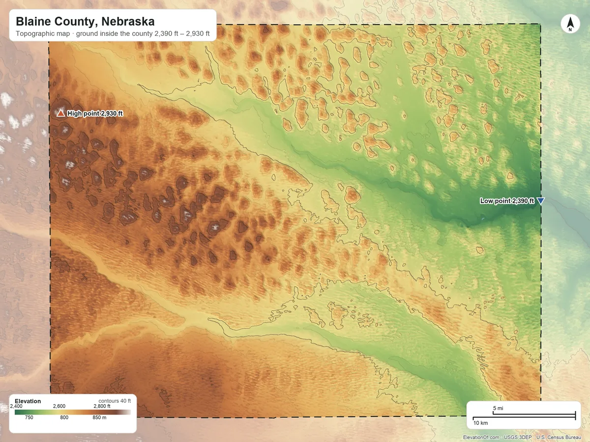 Topographic elevation map of Blaine County, Nebraska, shaded from 2,390 ft on the east side to 2,930 ft on the northwest side