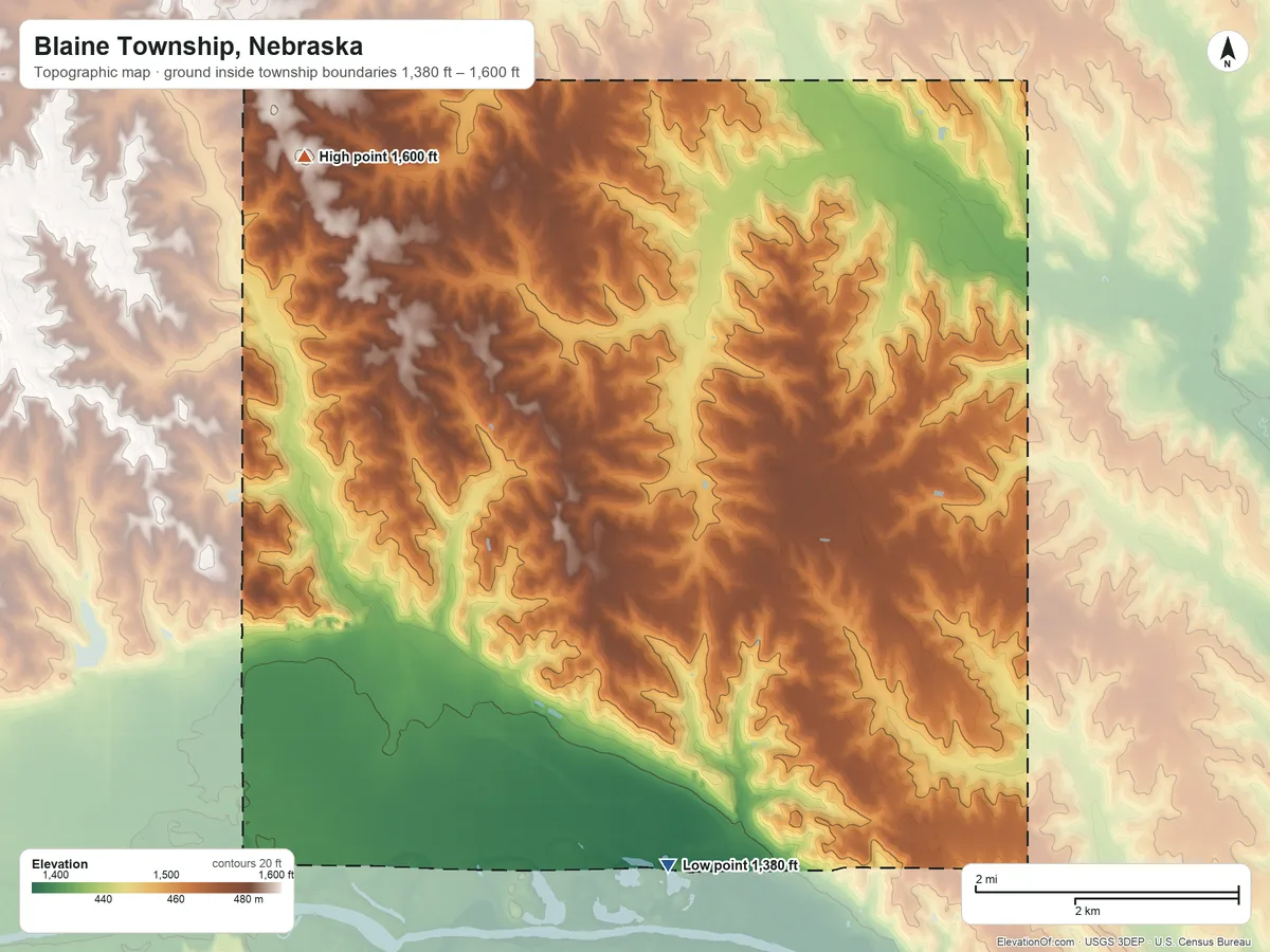 Topographic elevation map of Blaine Township, Nebraska, shaded from 1,380 ft on the south side to 1,600 ft on the northwest side