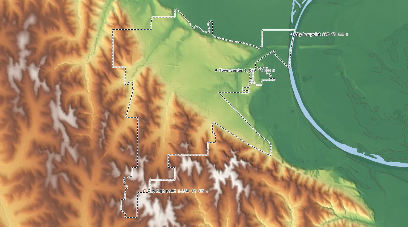 Topographic elevation map of Blair, Nebraska, shaded from 990 ft on the northeast side to 1,360 ft on the southwest side