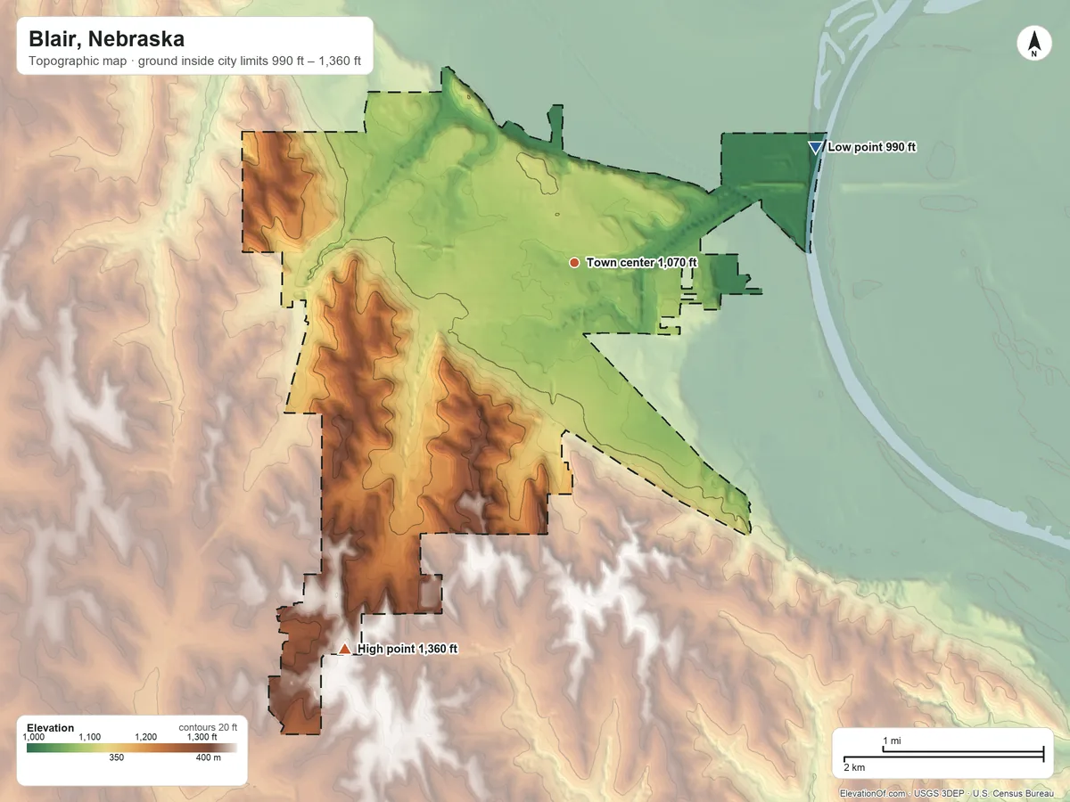 Topographic elevation map of Blair, Nebraska, shaded from 990 ft on the northeast side to 1,360 ft on the southwest side