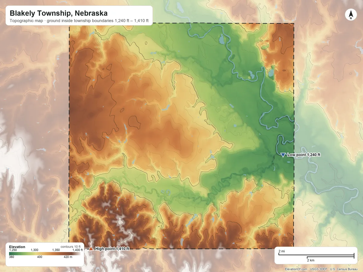 Topographic elevation map of Blakely Township, Nebraska, shaded from 1,240 ft on the east side to 1,410 ft on the southwest side