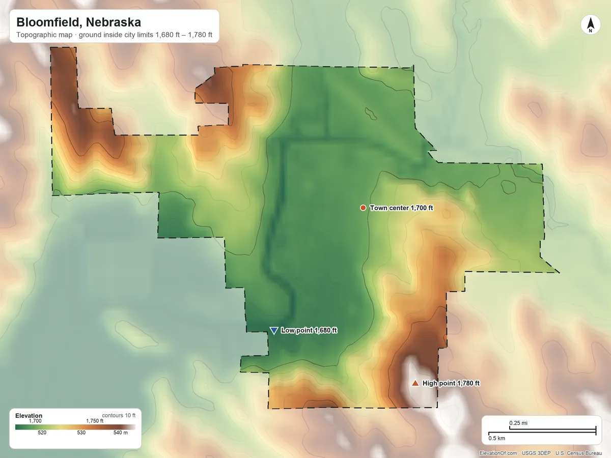 Topographic elevation map of Bloomfield, Nebraska, shaded from 1,680 ft on the southwest side to 1,780 ft on the south side