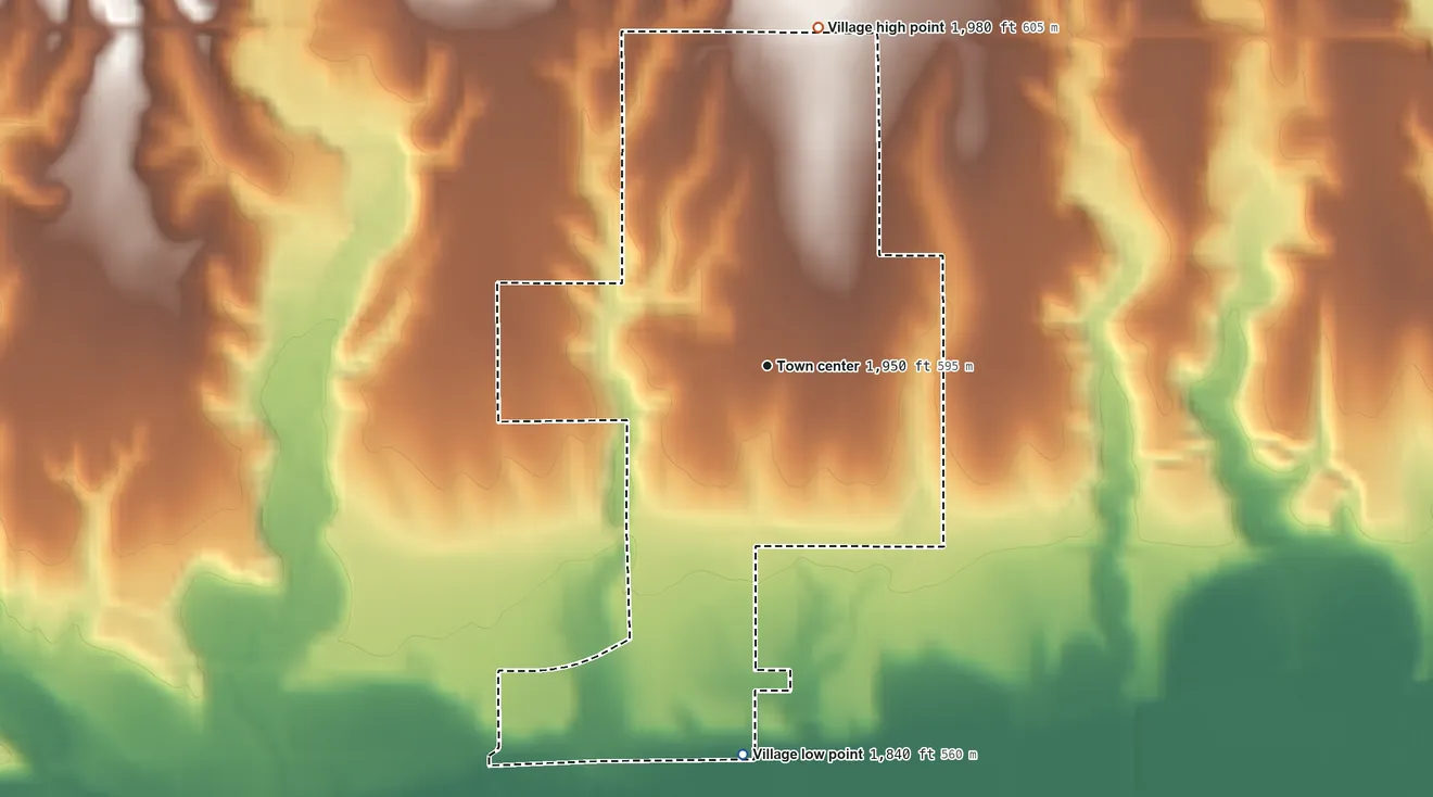 Topographic elevation map of Bloomington, Nebraska, shaded from 1,840 ft on the south side to 1,980 ft on the north side