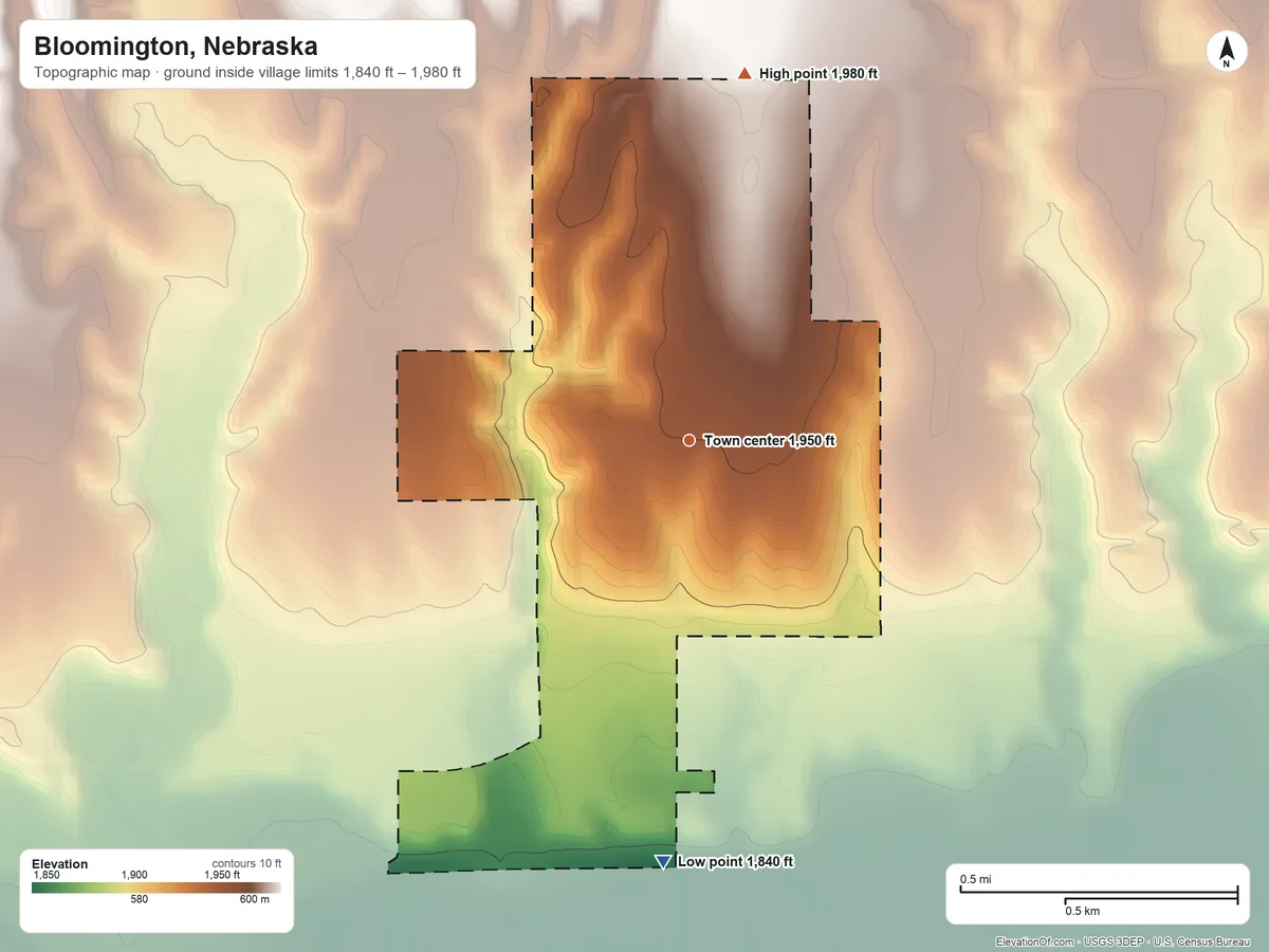 Topographic elevation map of Bloomington, Nebraska, shaded from 1,840 ft on the south side to 1,980 ft on the north side