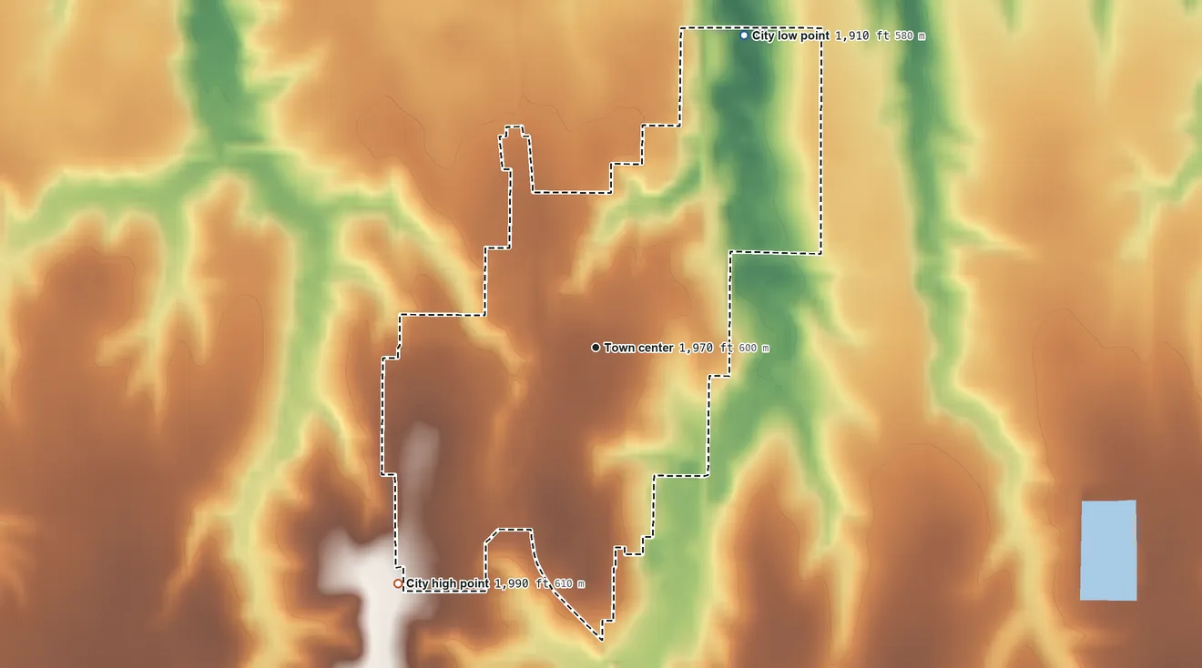 Topographic elevation map of Blue Hill, Nebraska, shaded from 1,910 ft on the northeast side to 1,990 ft on the southwest side