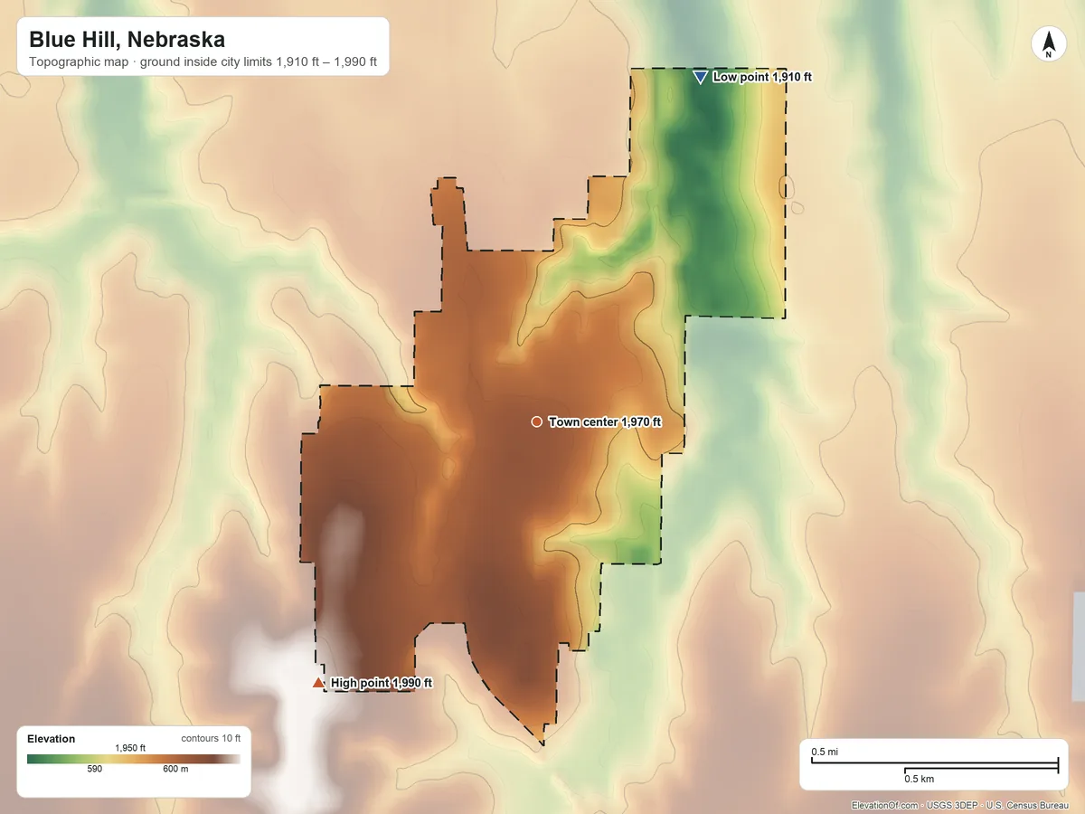 Topographic elevation map of Blue Hill, Nebraska, shaded from 1,910 ft on the northeast side to 1,990 ft on the southwest side