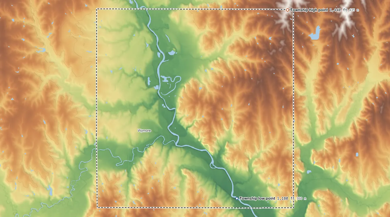 Topographic elevation map of Blue Springs-Wymore Township, Nebraska, shaded from 1,180 ft on the southeast side to 1,440 ft on the northeast side