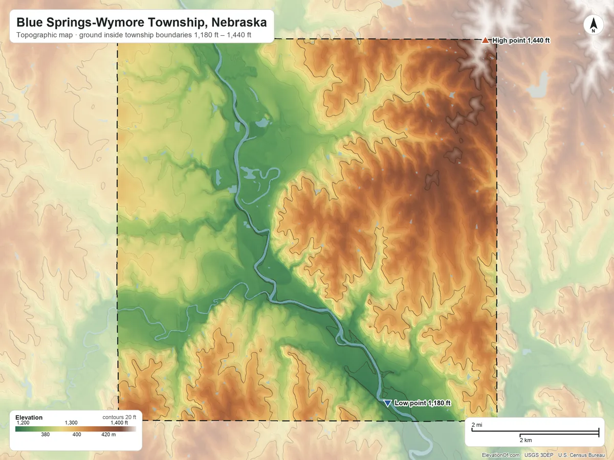 Topographic elevation map of Blue Springs-Wymore Township, Nebraska, shaded from 1,180 ft on the southeast side to 1,440 ft on the northeast side