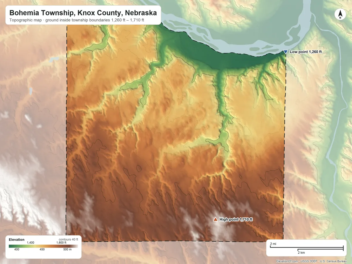 Topographic elevation map of Bohemia Township, Knox County, Nebraska, shaded from 1,260 ft on the northeast side to 1,710 ft on the southeast side