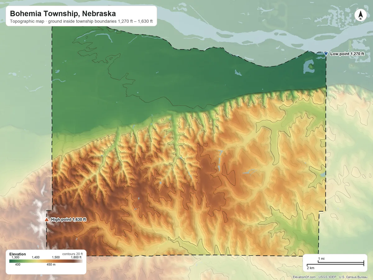 Topographic elevation map of Bohemia Township, Nebraska, shaded from 1,270 ft on the northeast side to 1,630 ft on the west side