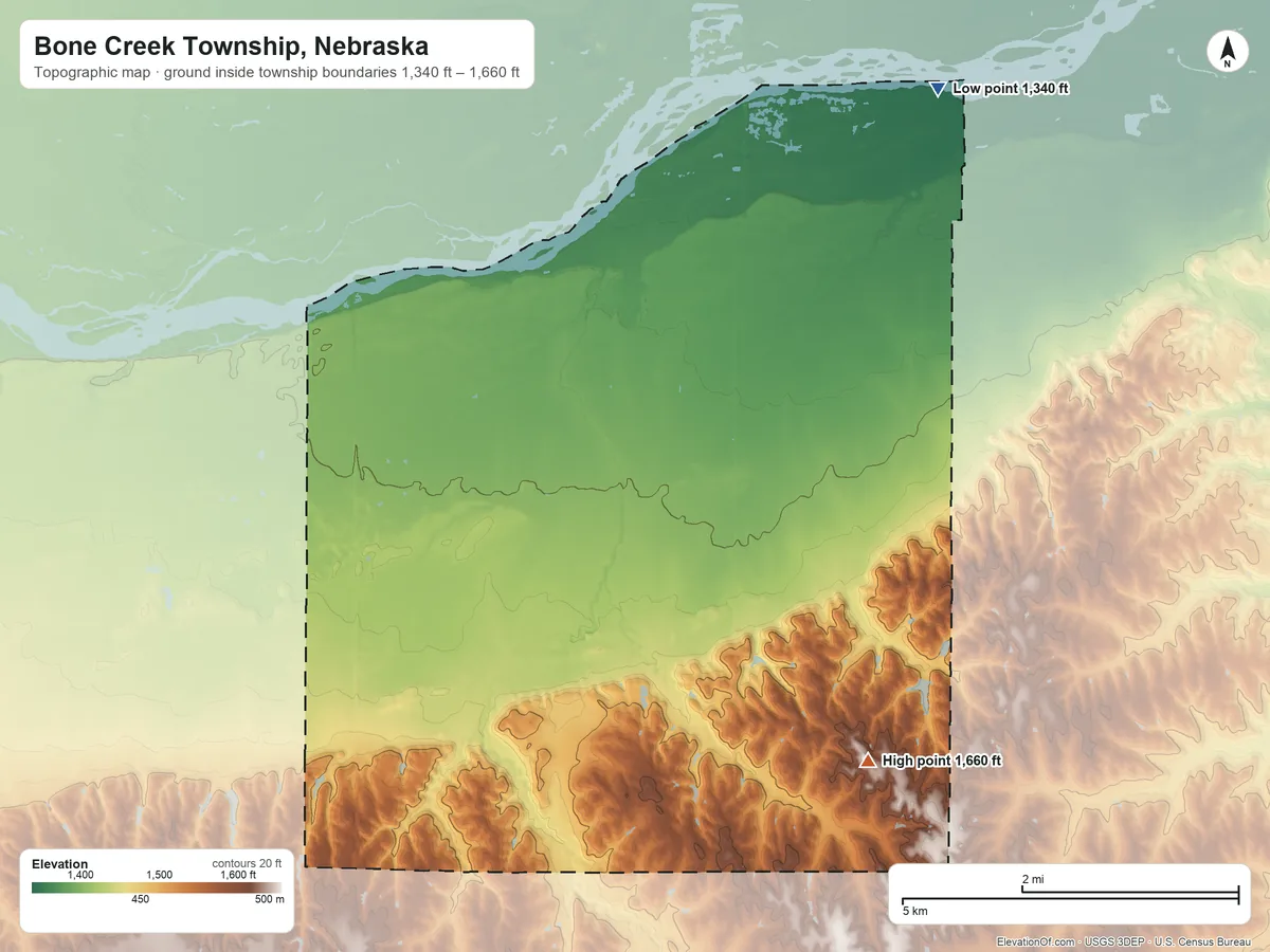 Topographic elevation map of Bone Creek Township, Nebraska, shaded from 1,340 ft on the northeast side to 1,660 ft on the southeast side