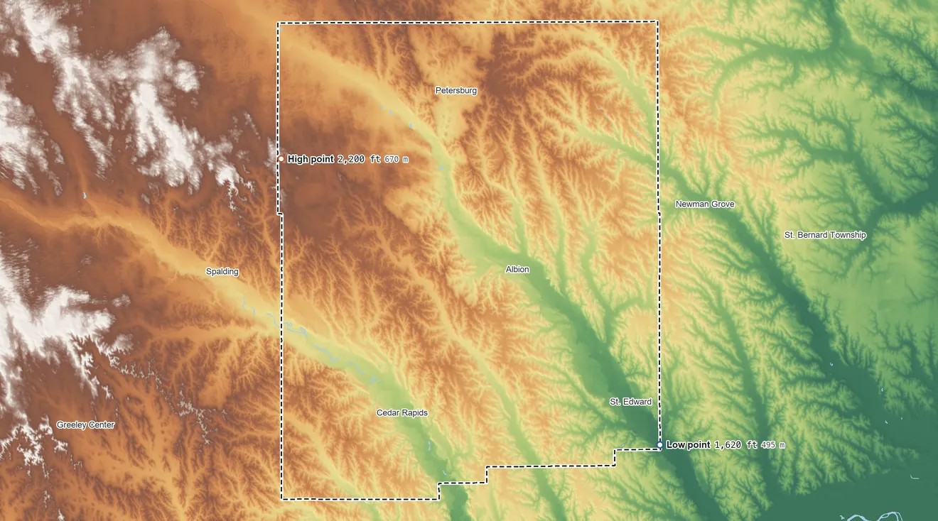 Topographic elevation map of Boone County, Nebraska, shaded from 1,620 ft on the southeast side to 2,200 ft on the northwest side