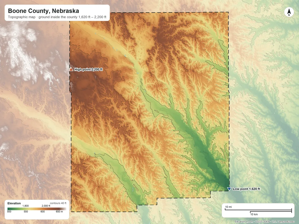 Topographic elevation map of Boone County, Nebraska, shaded from 1,620 ft on the southeast side to 2,200 ft on the northwest side