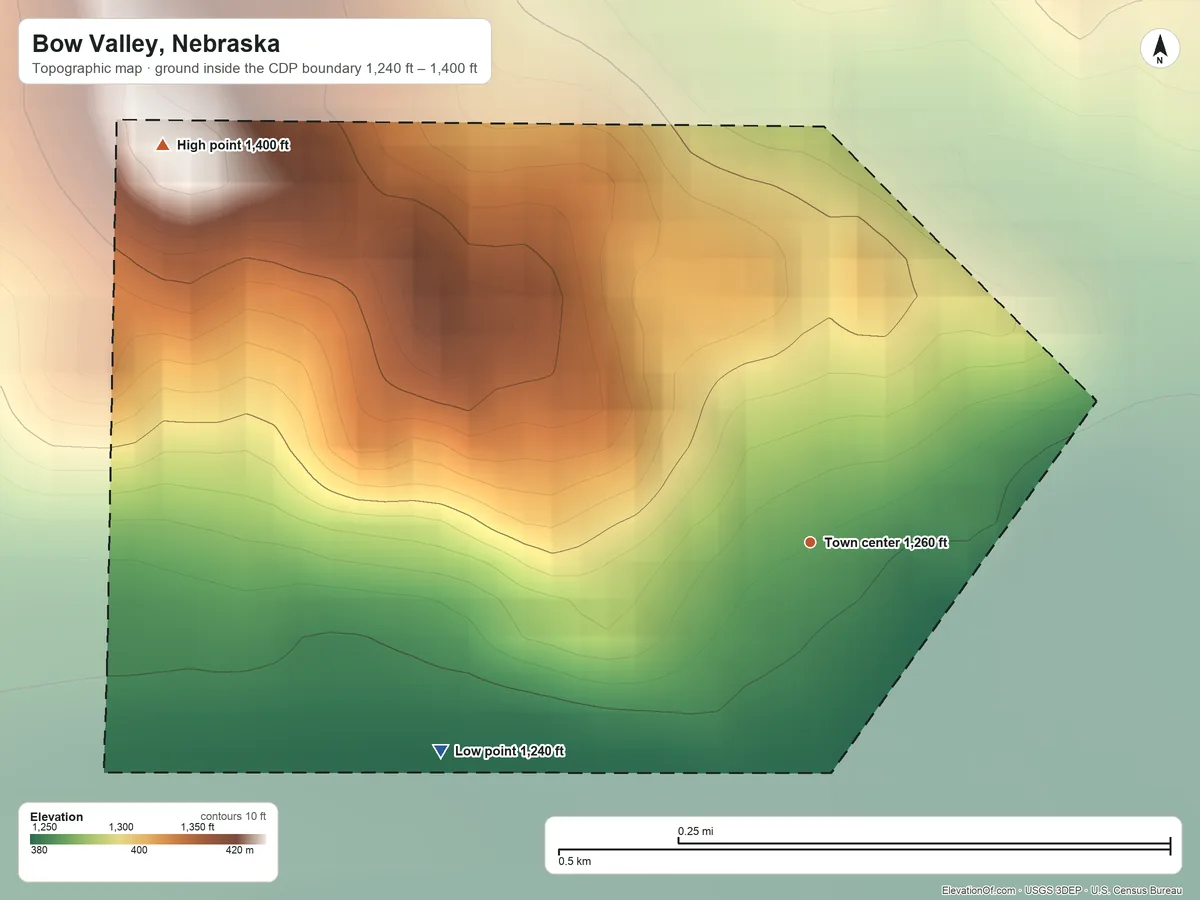 Topographic elevation map of Bow Valley, Nebraska, shaded from 1,240 ft on the southwest side to 1,400 ft on the northwest side