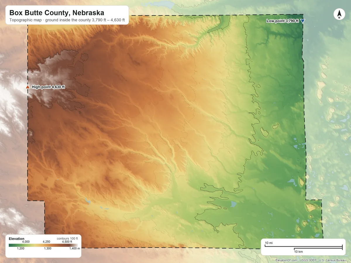 Topographic elevation map of Box Butte County, Nebraska, shaded from 3,790 ft on the northeast side to 4,630 ft on the west side