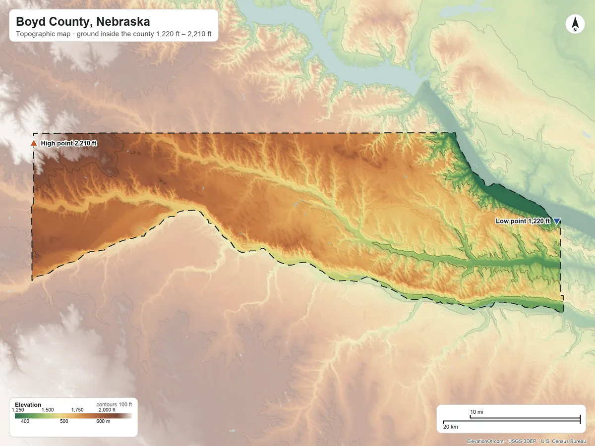 Topographic elevation map of Boyd County, Nebraska, shaded from 1,220 ft on the east side to 2,210 ft on the west side