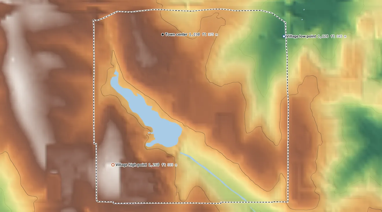 Topographic elevation map of Boys Town, Nebraska, shaded from 1,120 ft on the east side to 1,260 ft on the south side