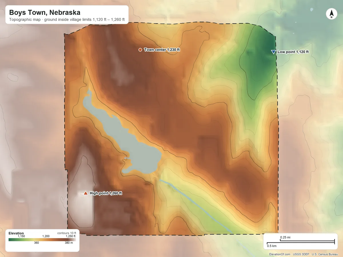 Topographic elevation map of Boys Town, Nebraska, shaded from 1,120 ft on the east side to 1,260 ft on the south side