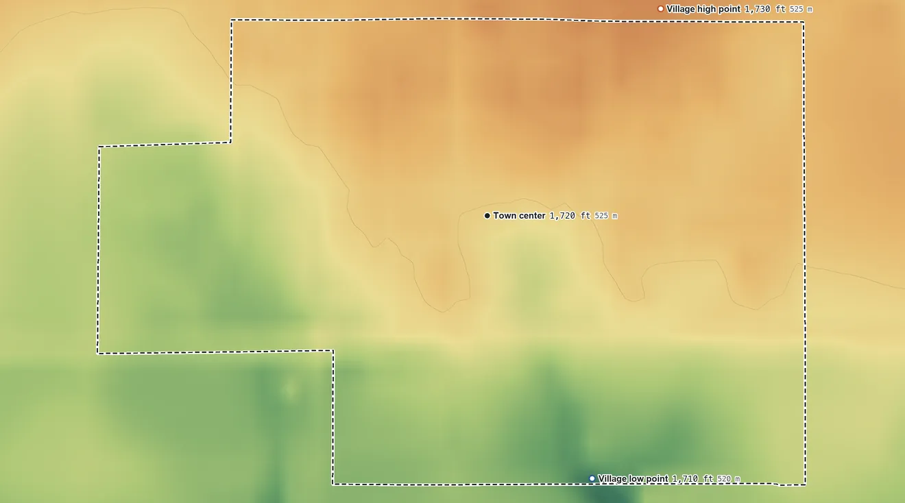 Topographic elevation map of Bradshaw, Nebraska, shaded from 1,710 ft on the south side to 1,730 ft on the northeast side