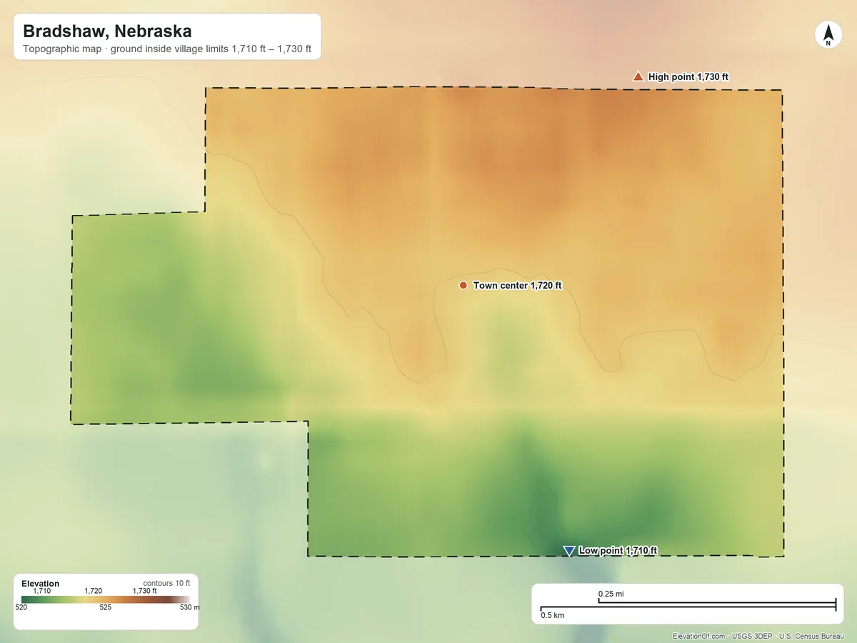 Topographic elevation map of Bradshaw, Nebraska, shaded from 1,710 ft on the south side to 1,730 ft on the northeast side
