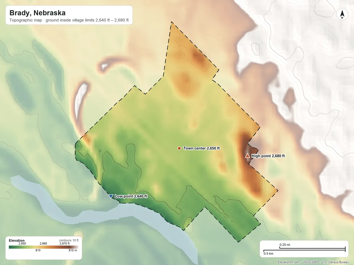 Topographic elevation map of Brady, Nebraska, shaded from 2,640 ft on the southwest side to 2,680 ft on the east side