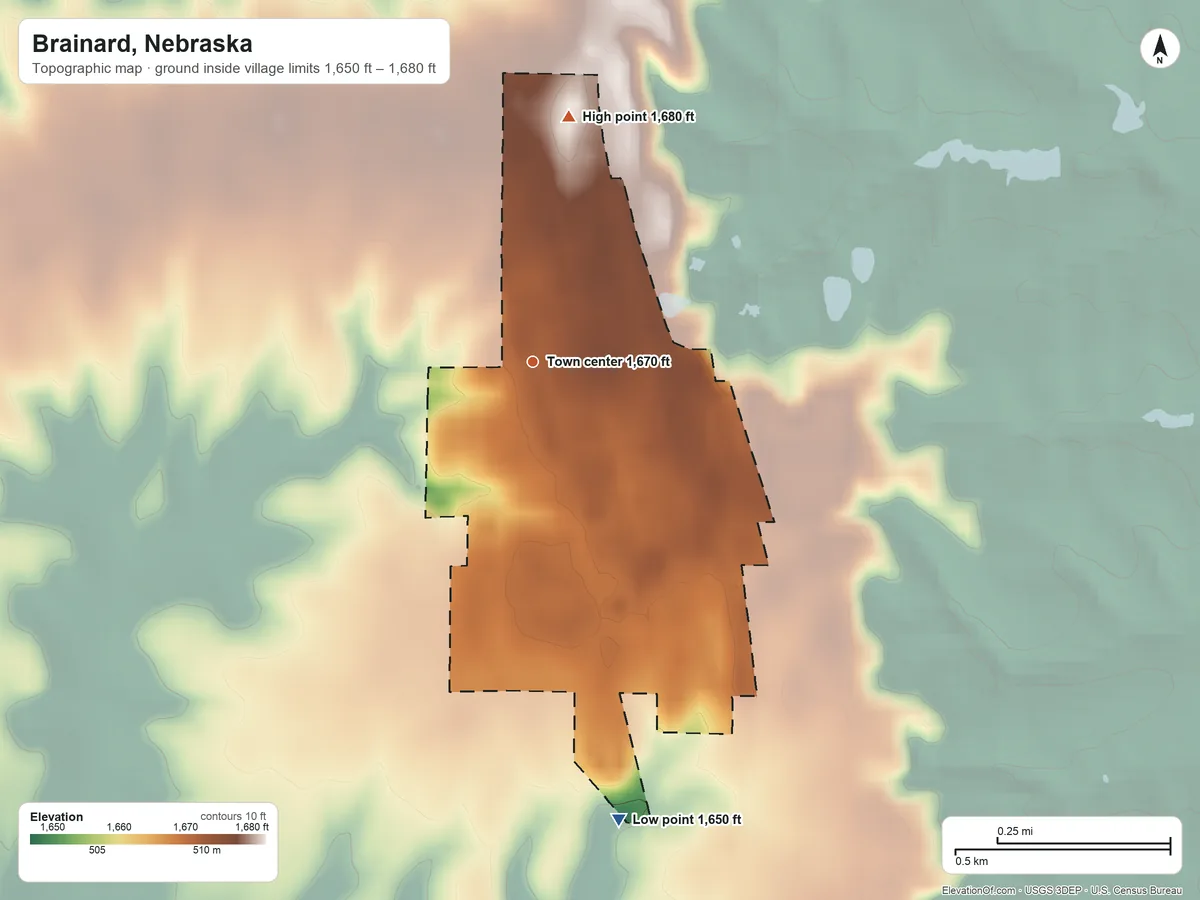 Topographic elevation map of Brainard, Nebraska, shaded from 1,650 ft on the south side to 1,680 ft on the north side