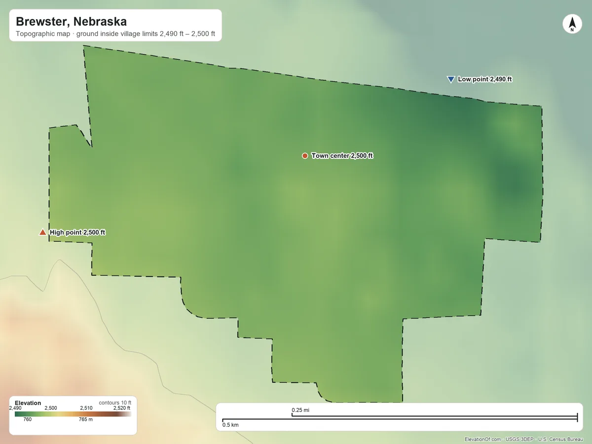 Topographic elevation map of Brewster, Nebraska, shaded from 2,490 ft on the northeast side to 2,500 ft on the west side