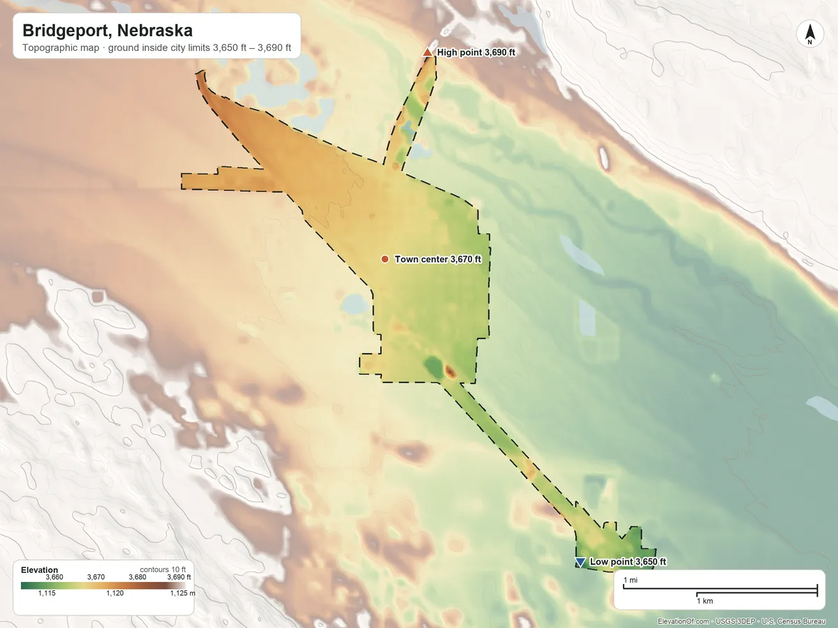 Topographic elevation map of Bridgeport, Nebraska, shaded from 3,650 ft on the southeast side to 3,690 ft on the north side