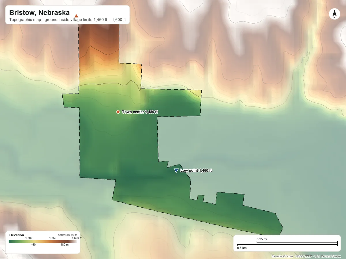 Topographic elevation map of Bristow, Nebraska, shaded from 1,460 ft on the southeast side to 1,600 ft on the northwest side