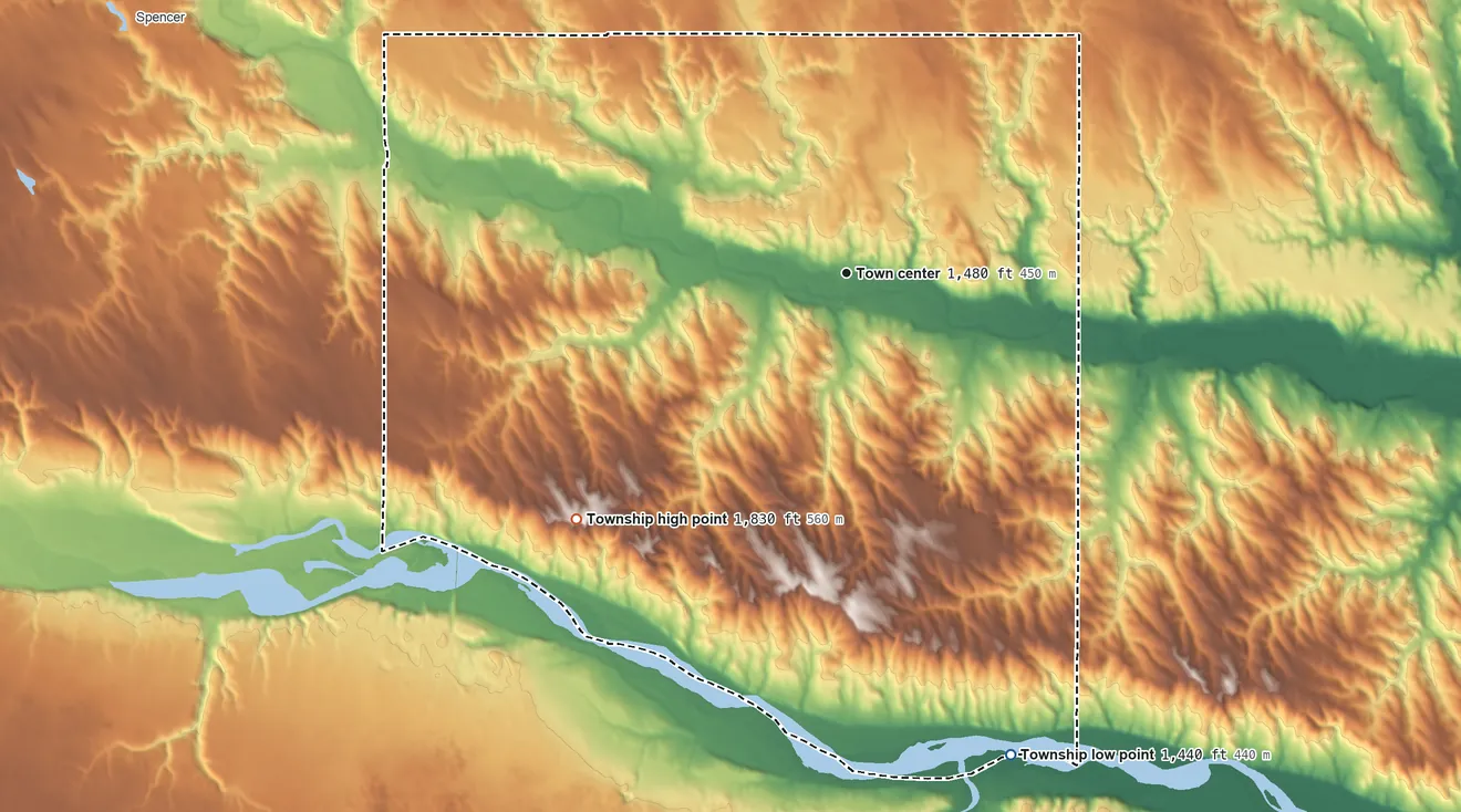 Topographic elevation map of Bristow Township, Nebraska, shaded from 1,440 ft on the south side to 1,830 ft on the southwest side