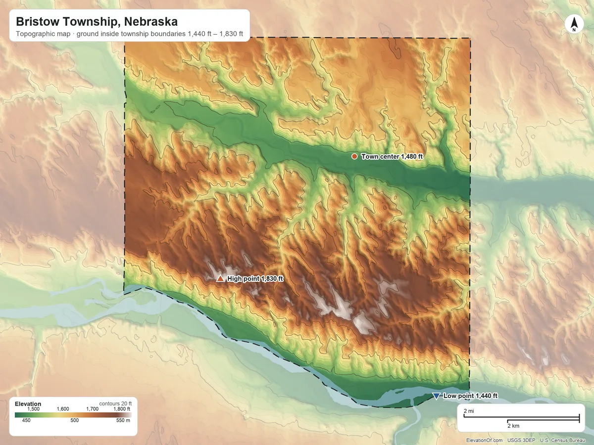Topographic elevation map of Bristow Township, Nebraska, shaded from 1,440 ft on the south side to 1,830 ft on the southwest side