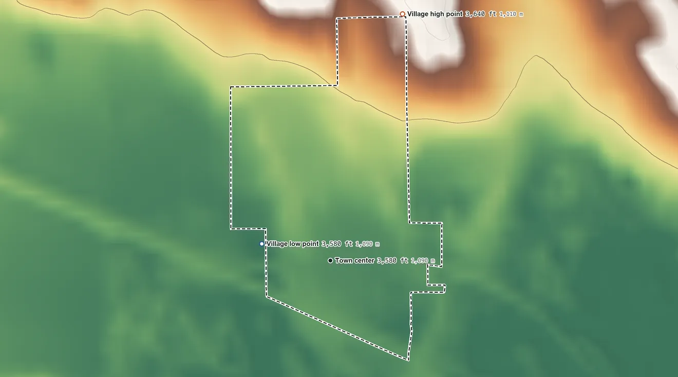 Topographic elevation map of Broadwater, Nebraska, shaded from 3,580 ft on the west side to 3,640 ft on the north edge, below higher ground just outside