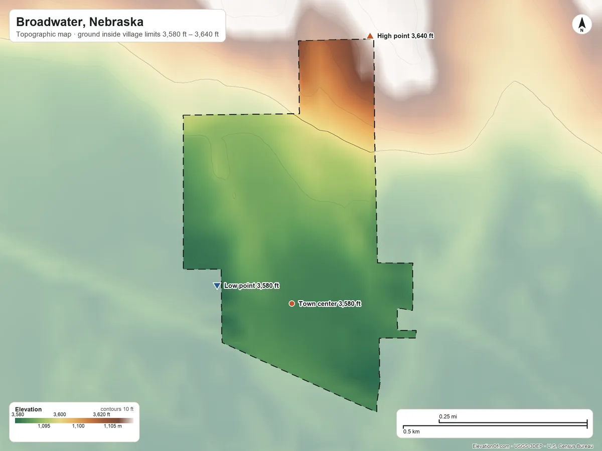 Topographic elevation map of Broadwater, Nebraska, shaded from 3,580 ft on the west side to 3,640 ft on the north edge, below higher ground just outside