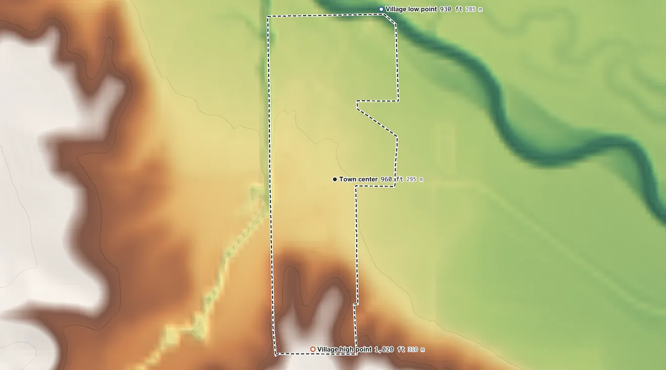 Topographic elevation map of Brock, Nebraska, shaded from 930 ft on the north side to 1,020 ft on the south side