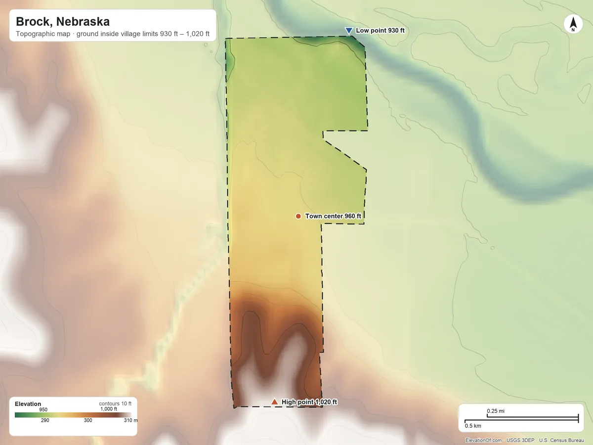 Topographic elevation map of Brock, Nebraska, shaded from 930 ft on the north side to 1,020 ft on the south side