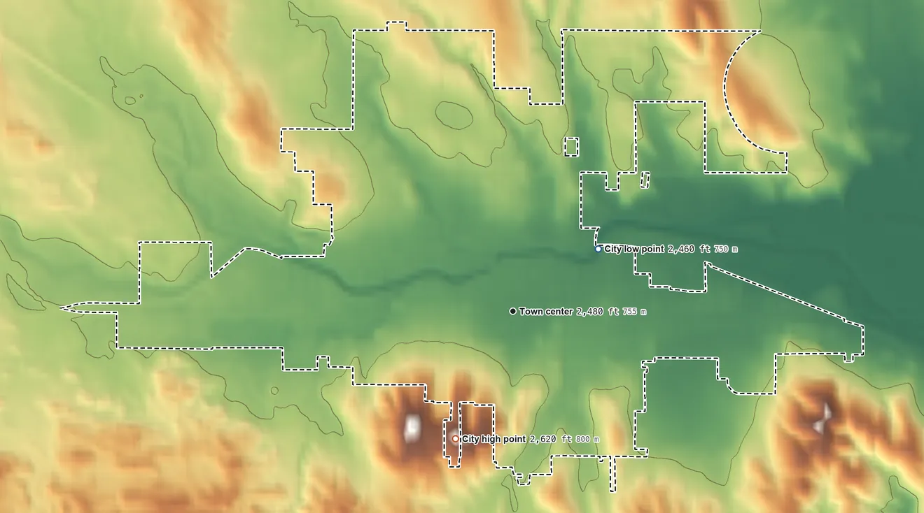 Topographic elevation map of Broken Bow, Nebraska, shaded from 2,460 ft on the northeast side to 2,620 ft on the southwest side